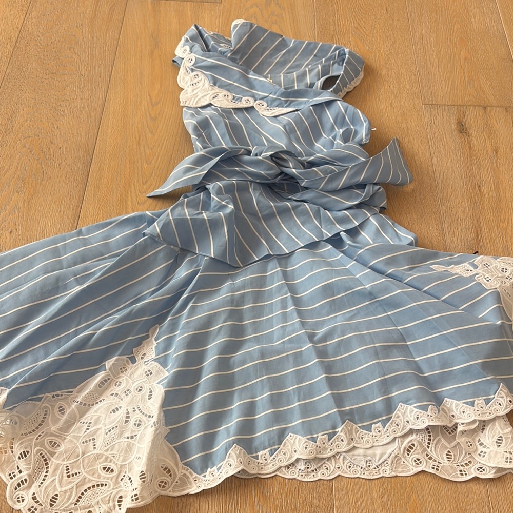 Jonathan Simkhai Blue and White Striped Dress with Lace Trim